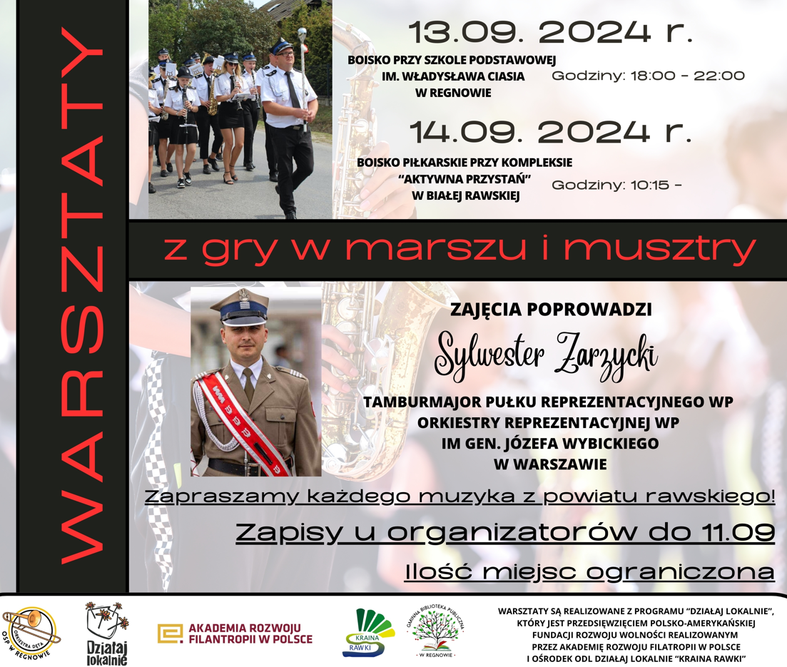 Plakat przedstawiający maszerującą orkiestrę dętą.  W trści podana jest informacja o zapisach na warsztaty z gry w marszu i musztry